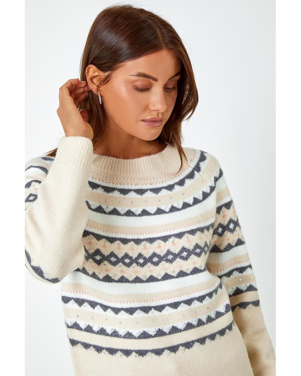 Roman Gray Embellished Fairisle Print Stretch Jumper