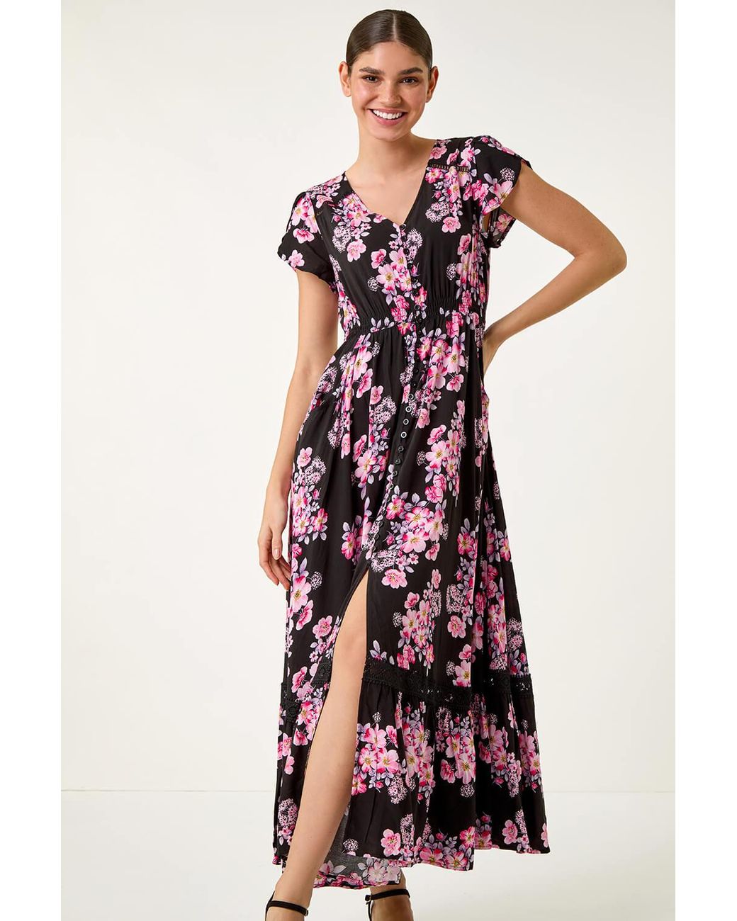 Roman White Floral Print Shirred Waist Maxi Dress