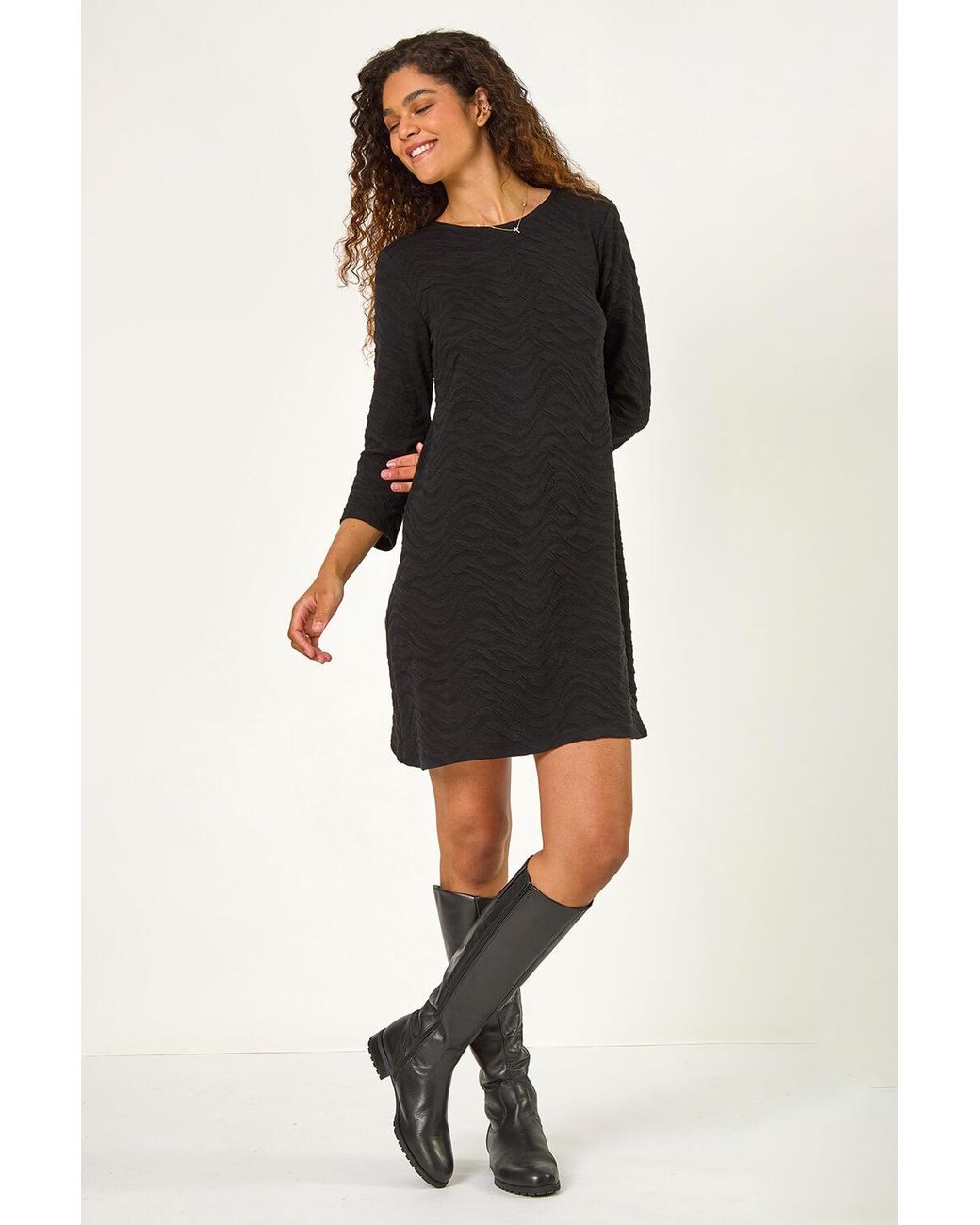 Roman Black Wave Textured Stretch A-Line Dress