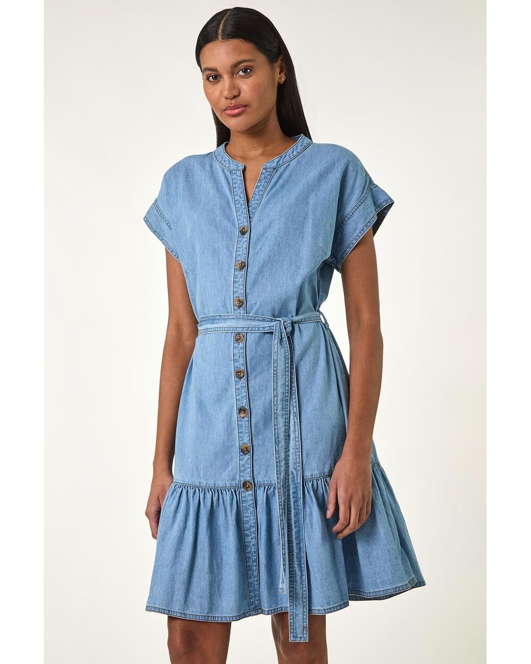 Roman Blue Denim Tiered Shirt Dress