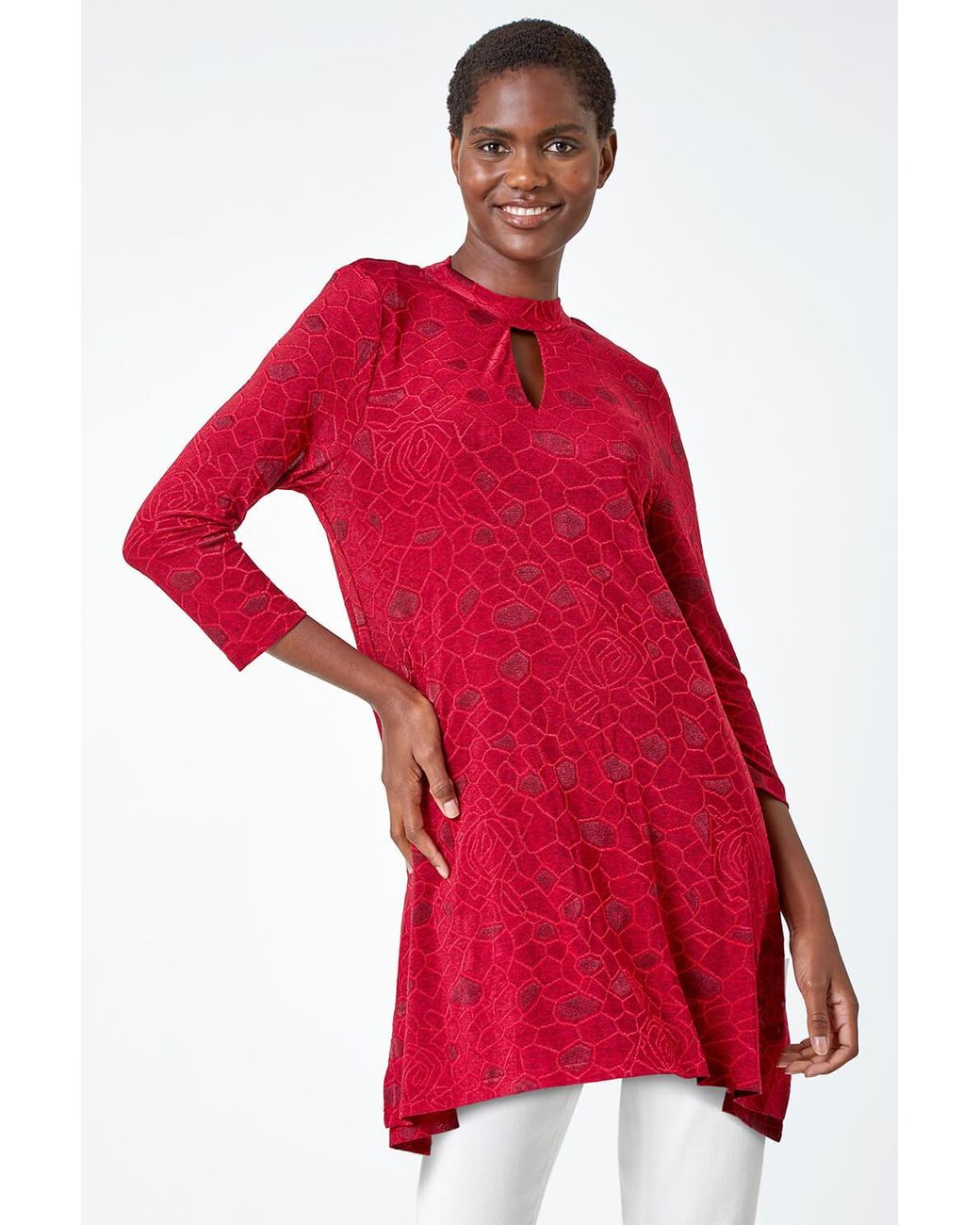 Roman Textured Print Keyhole Stretch Tunic Top