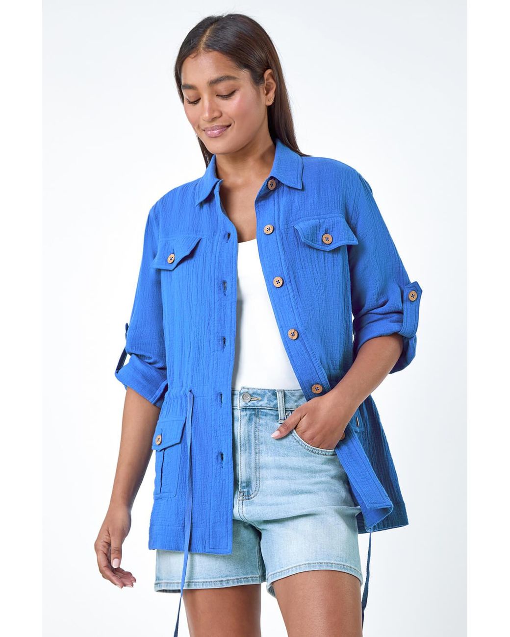 Roman Blue Textured Tie Waist Shirt Jacket