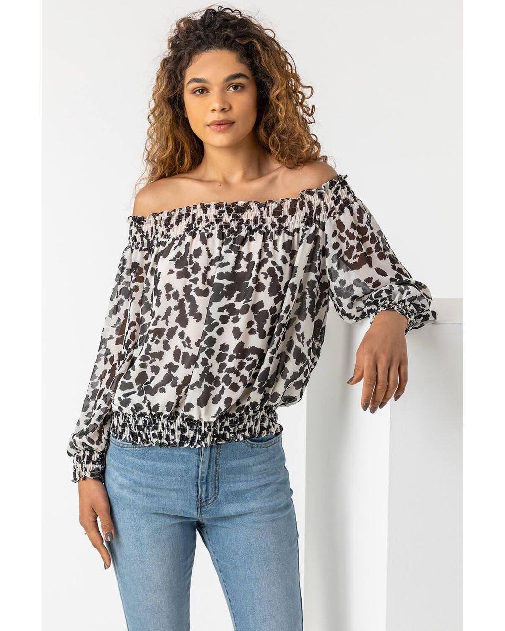 Roman White Shirred Animal Print Bardot Chiffon Top