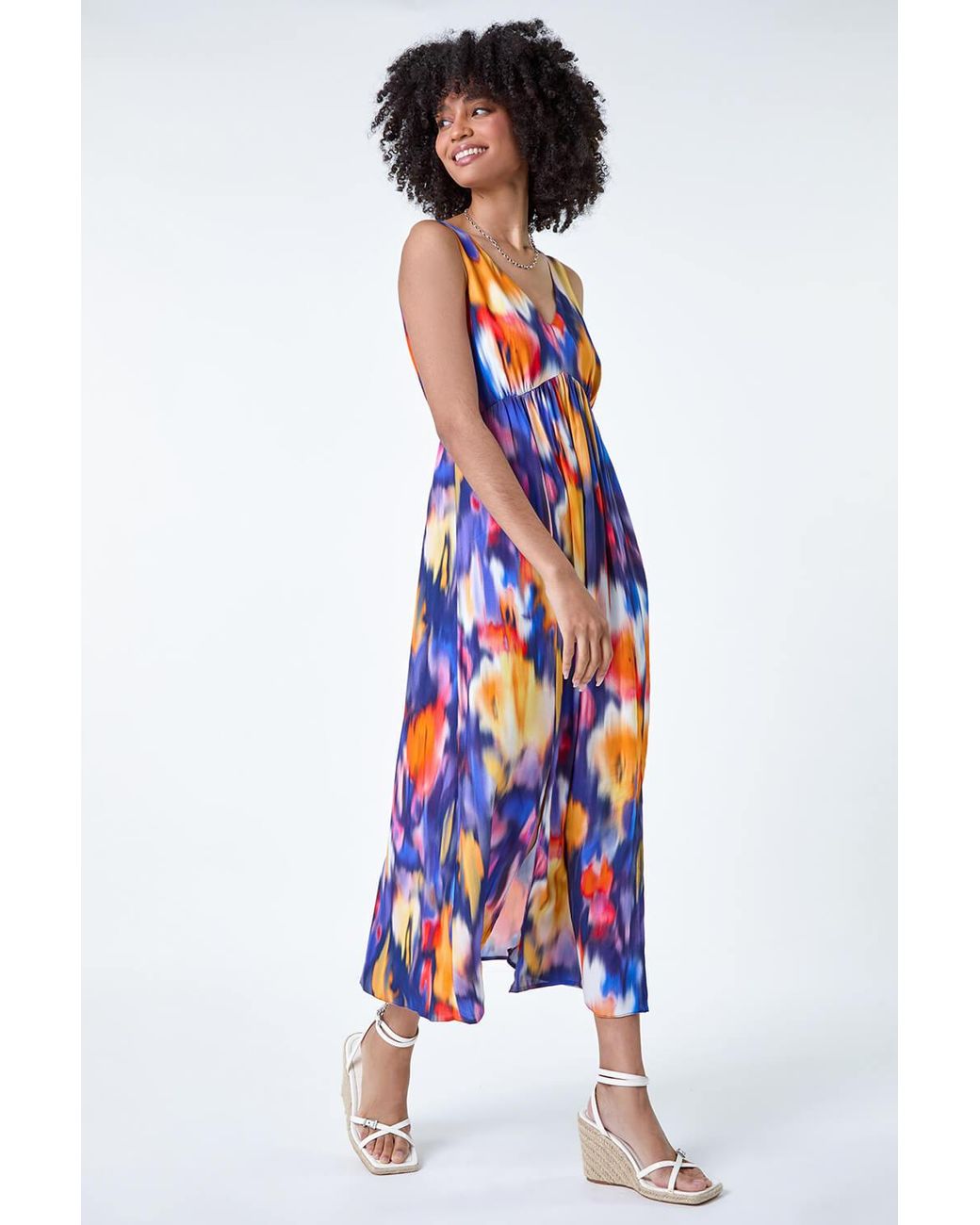 Roman White Abstract Cross Back Detail Midi Dress
