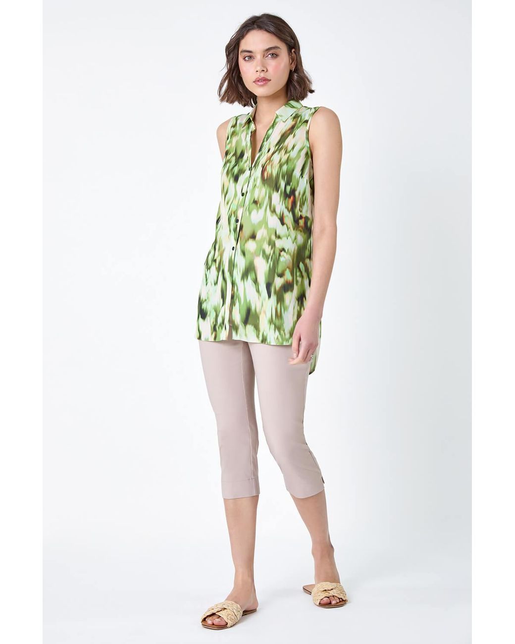 Roman Green Abstract Sleeveless Button Chiffon Blouse