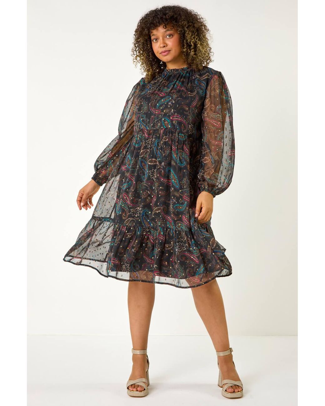 Roman Curve Gray Metallic Print High Neck Swing Dress