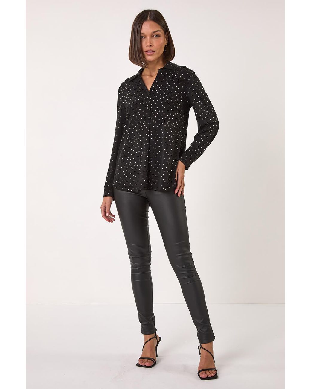 Roman Black Heart Print Foil Collar Stretch Top