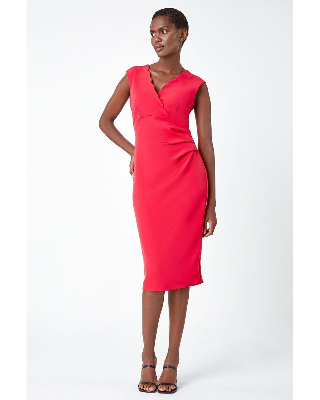 Roman Red Sleeveless Pleated Stretch Ruched Dress