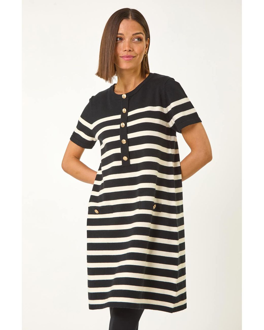 Roman Black Stripe Button A-Line Knit Dress