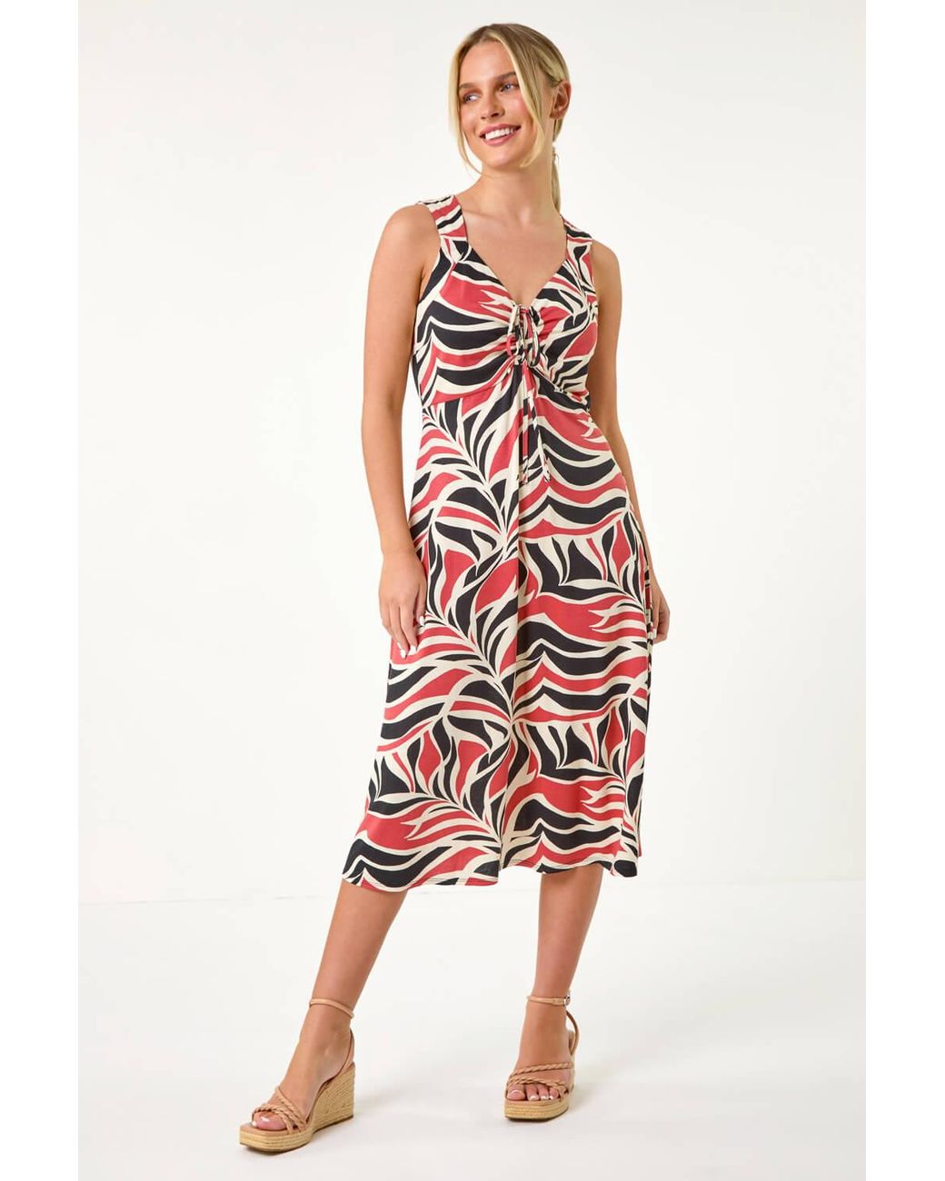Roman Petite Red Abstract Print Ruched Midi Dress