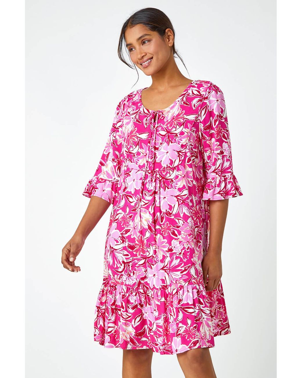 Roman Pink Floral Print Frill Detail Smock Skater Dress