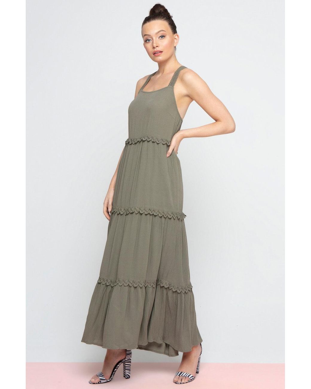 Roman Natural Tiered Lace Trim Maxi Dress