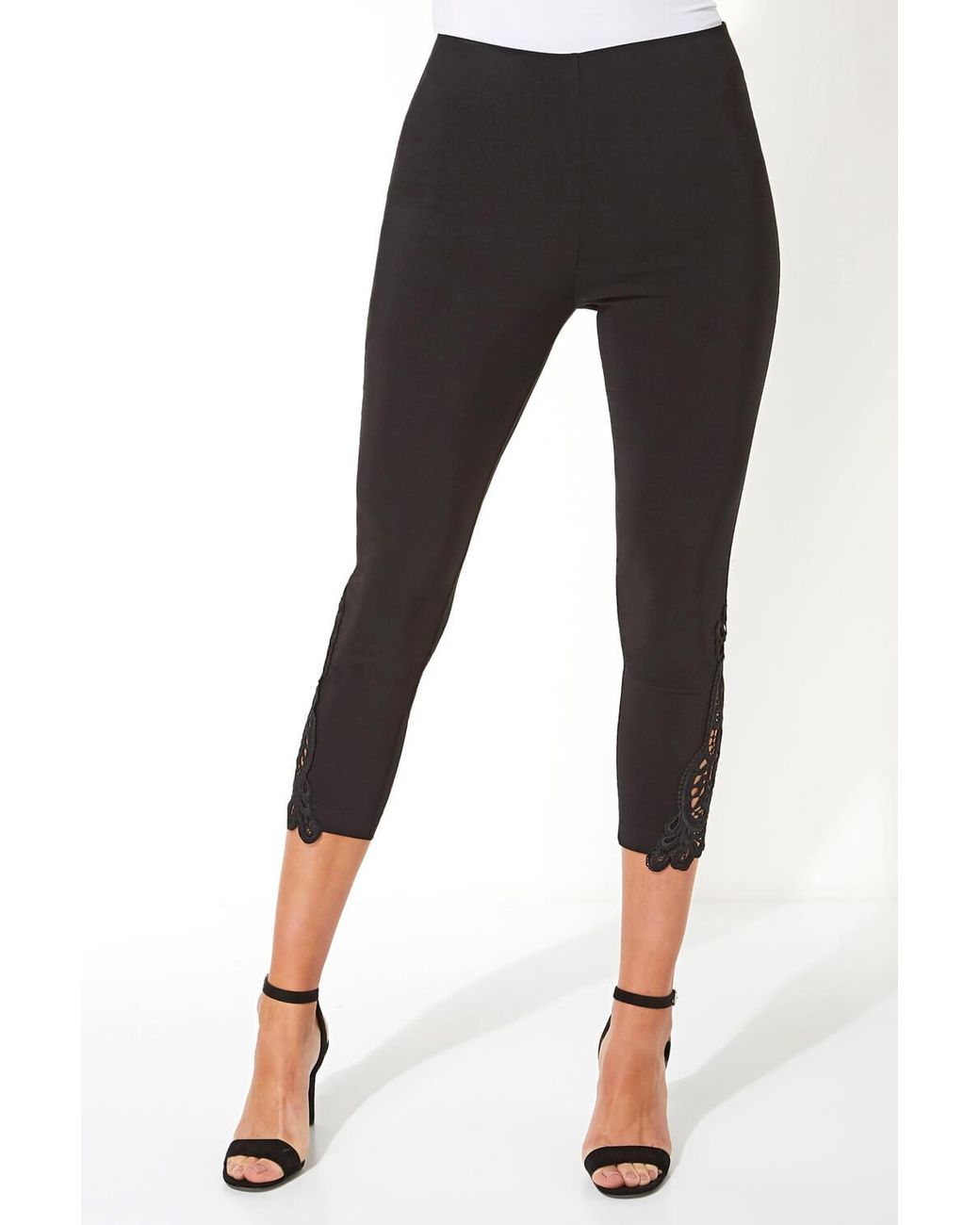 Roman Black Lace Insert Elastic Waist Crop Trousers