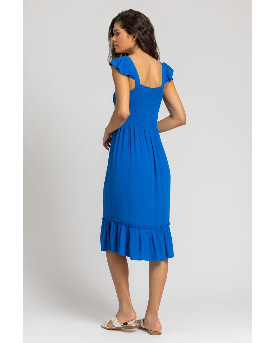 Roman Blue Shirred Bodice Frill Detail Midi Dress