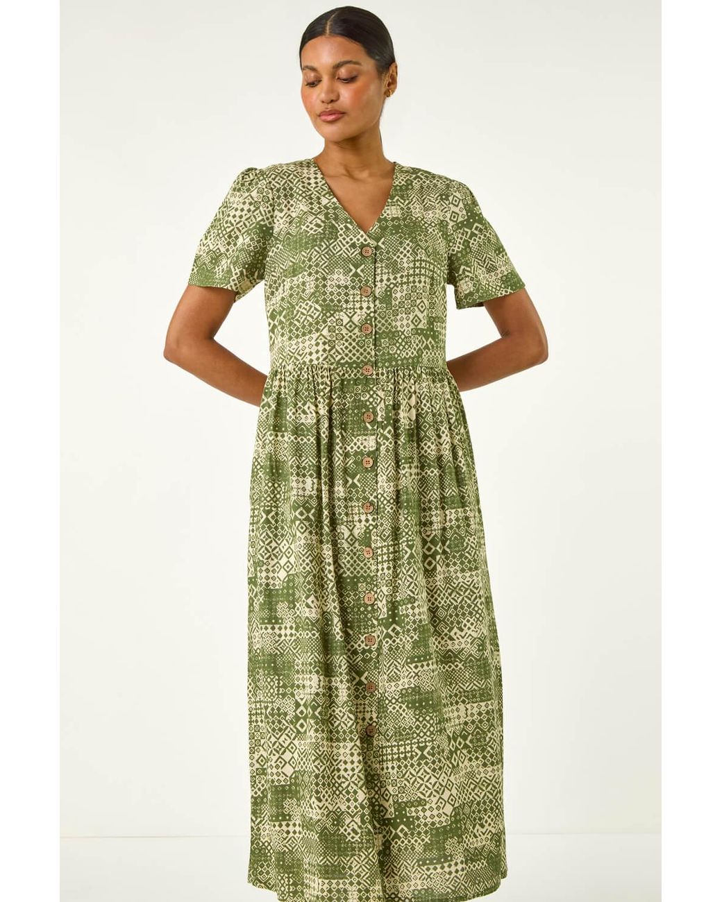 Roman Green Geo Print Button Midi Dress