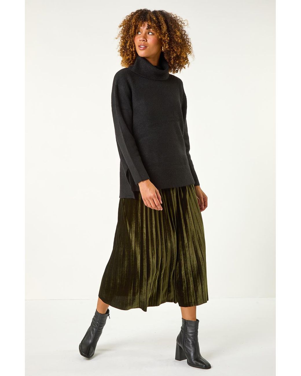 Roman Black Velvet Pleated Midi Skirt
