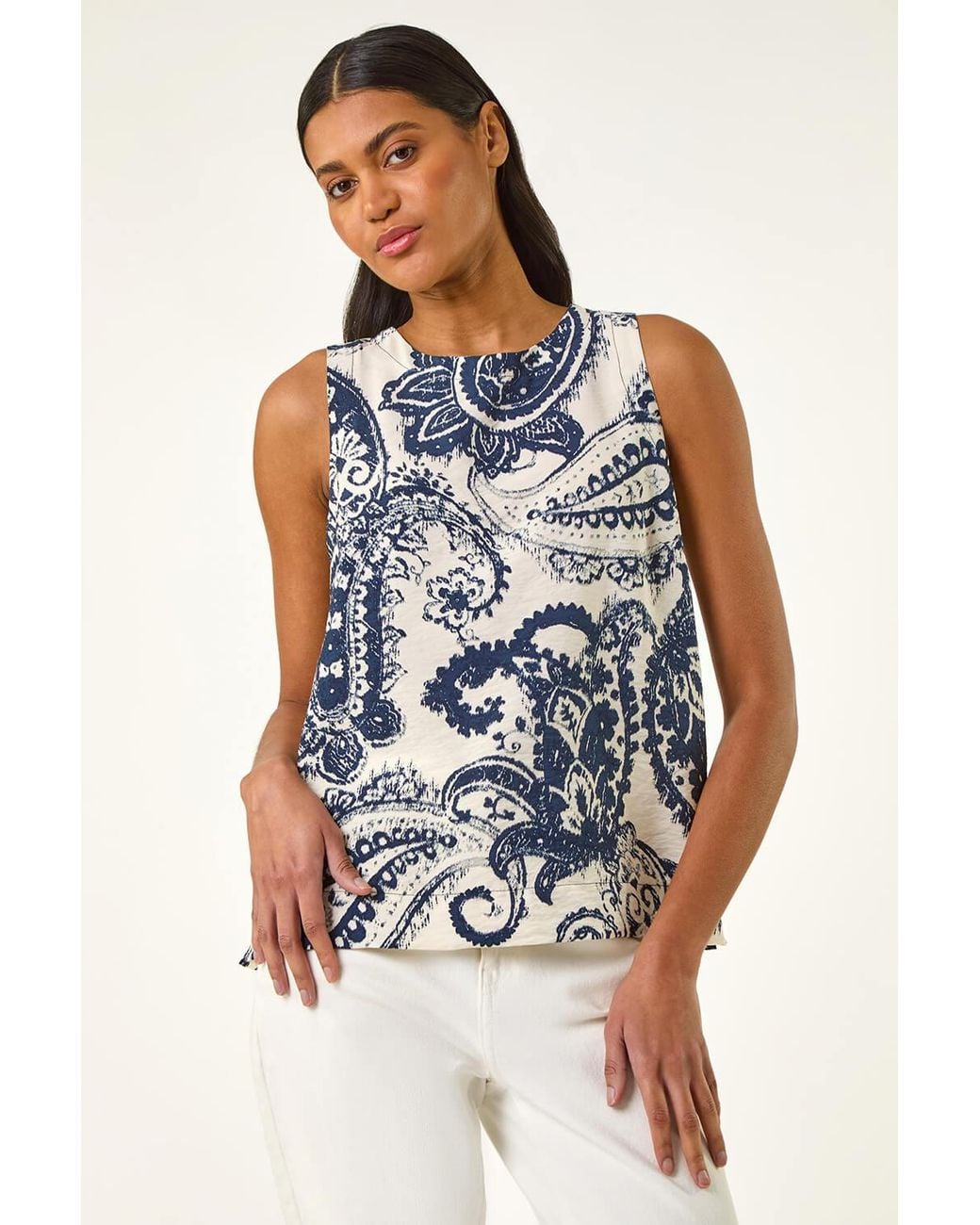 Roman Blue Paisley Print Shell Top