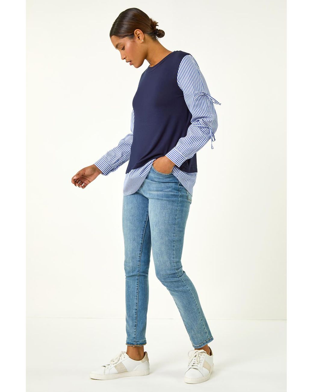 Roman Blue Stripe Bow Sleeve Stretch Top