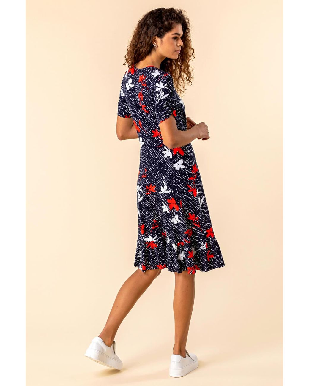 Roman Blue Floral Spot Print Frill Stretch Dress