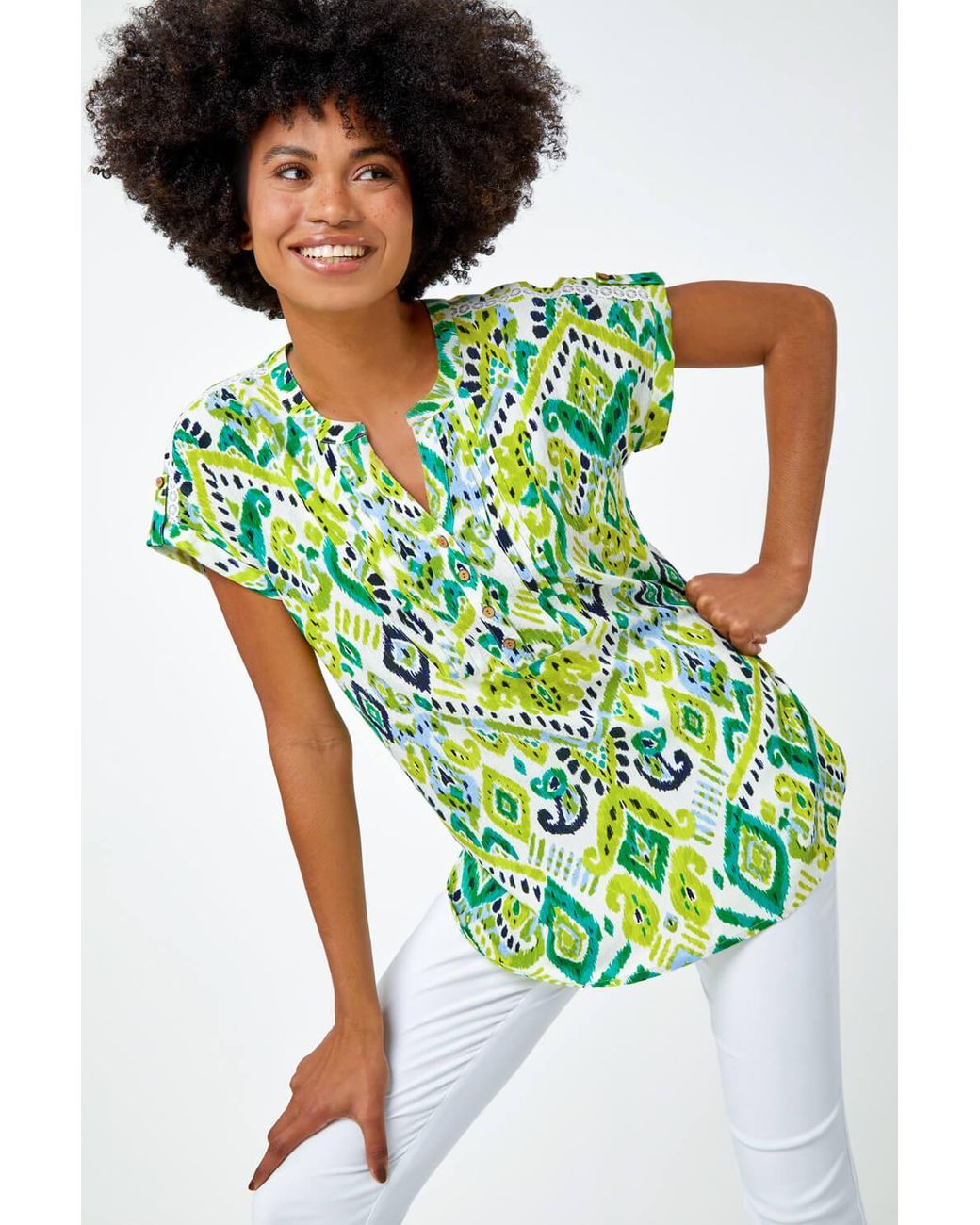 Roman Green Aztec Print Lace Trim V-Neck Top