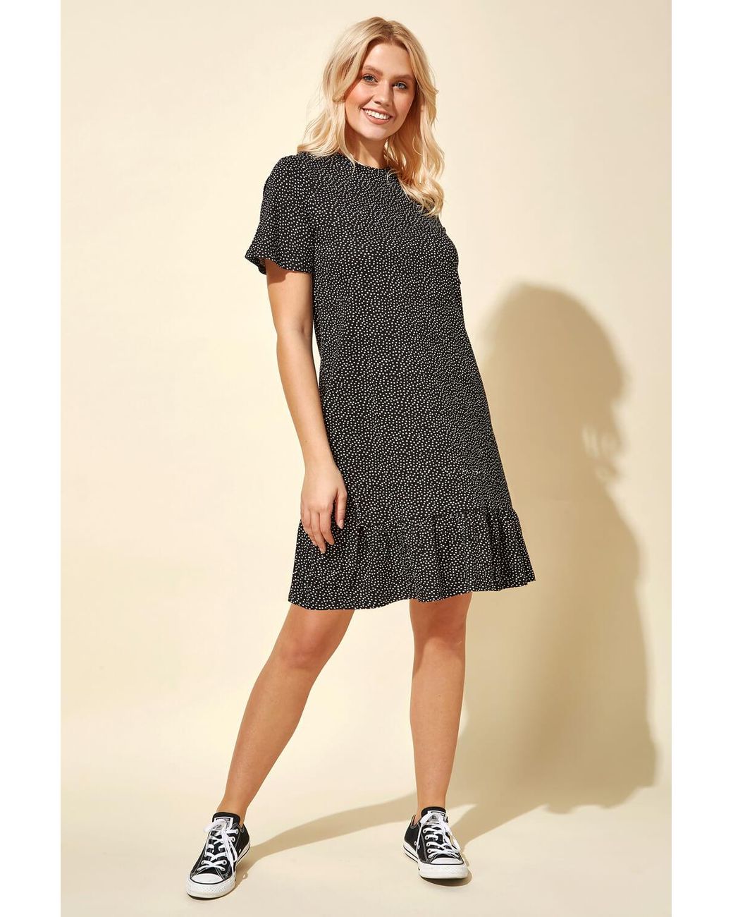 Roman Black Spot Print Frill Hem Dress