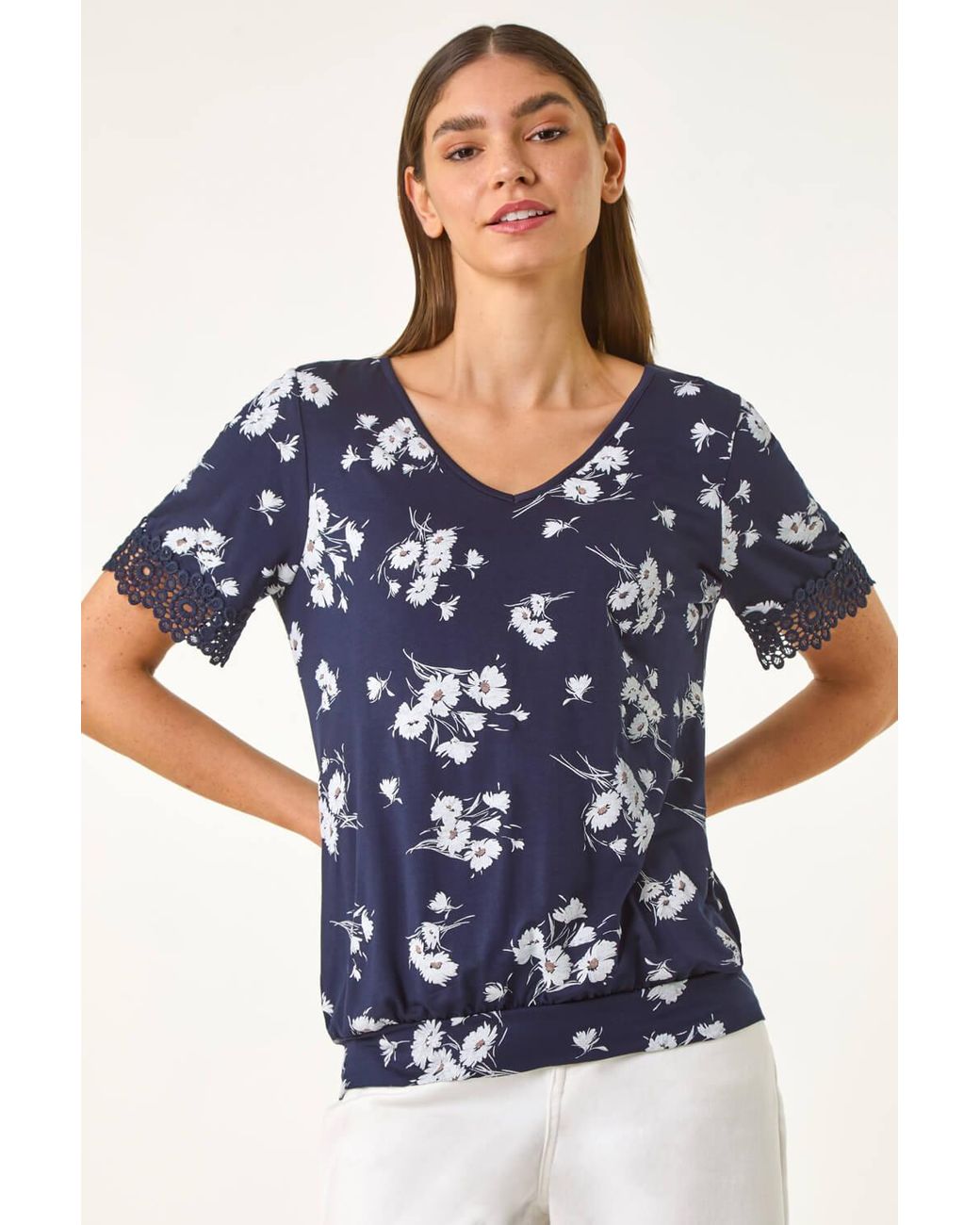 Roman Blue Floral Print V-Neck Lace Stretch Top