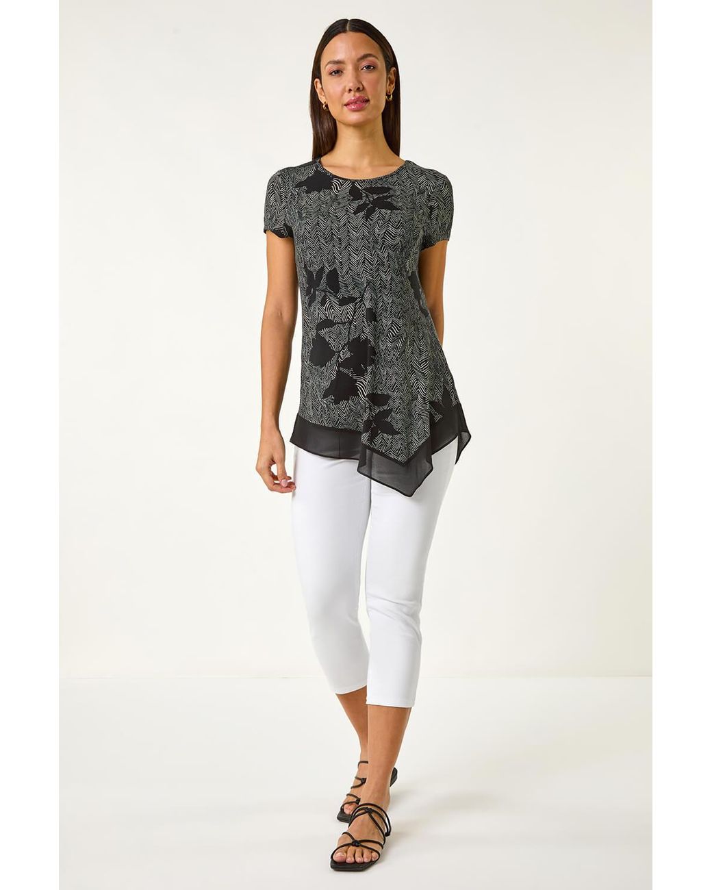 Roman Gray Floral Print Chiffon Hem Top