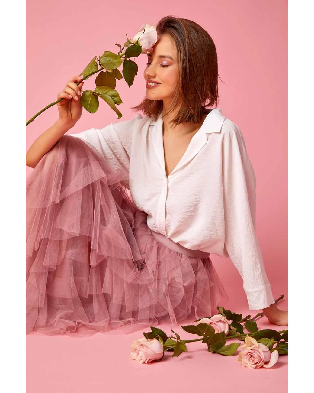 Roman Pink Elastic Waist Mesh Layered A Line Skirt