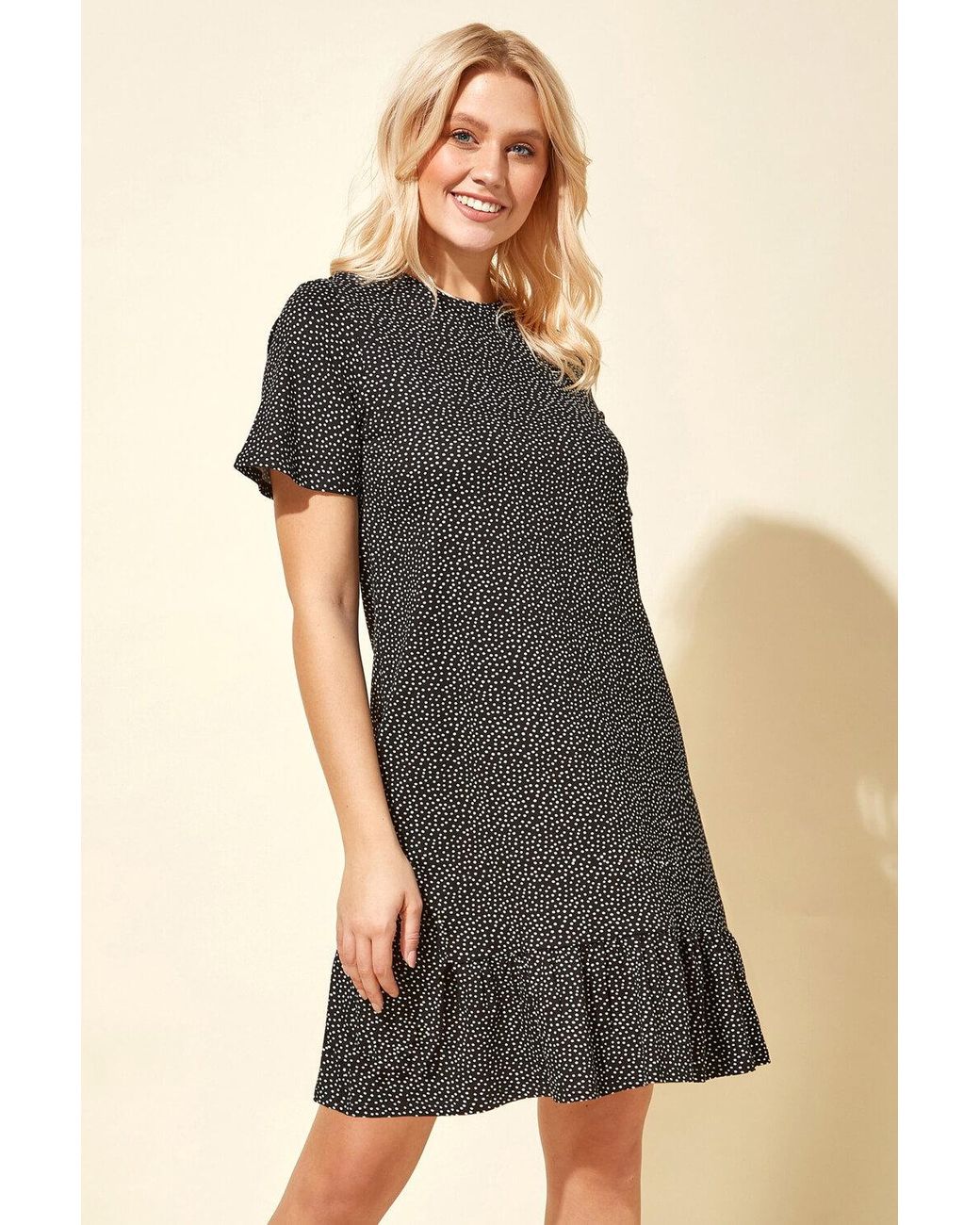 Roman Black Spot Print Frill Hem Dress