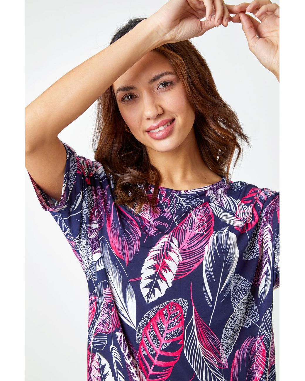 Roman Purple Leaf Print Textured Tunic Top