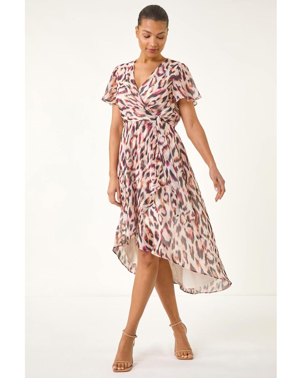 Roman Pink Leopard Ruffle Front Dress