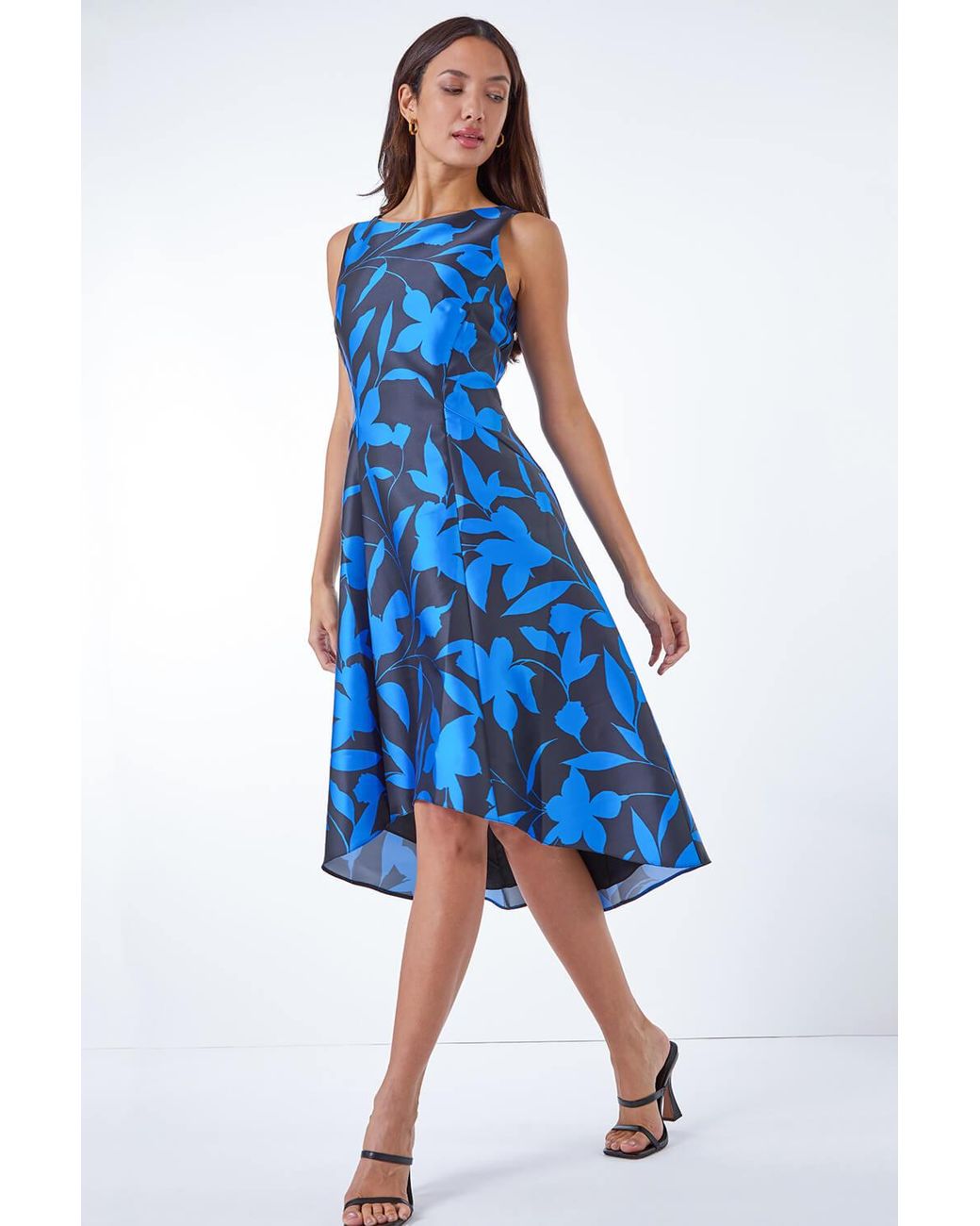 Roman Blue Floral Print Dipped Hem Jacquard Dress