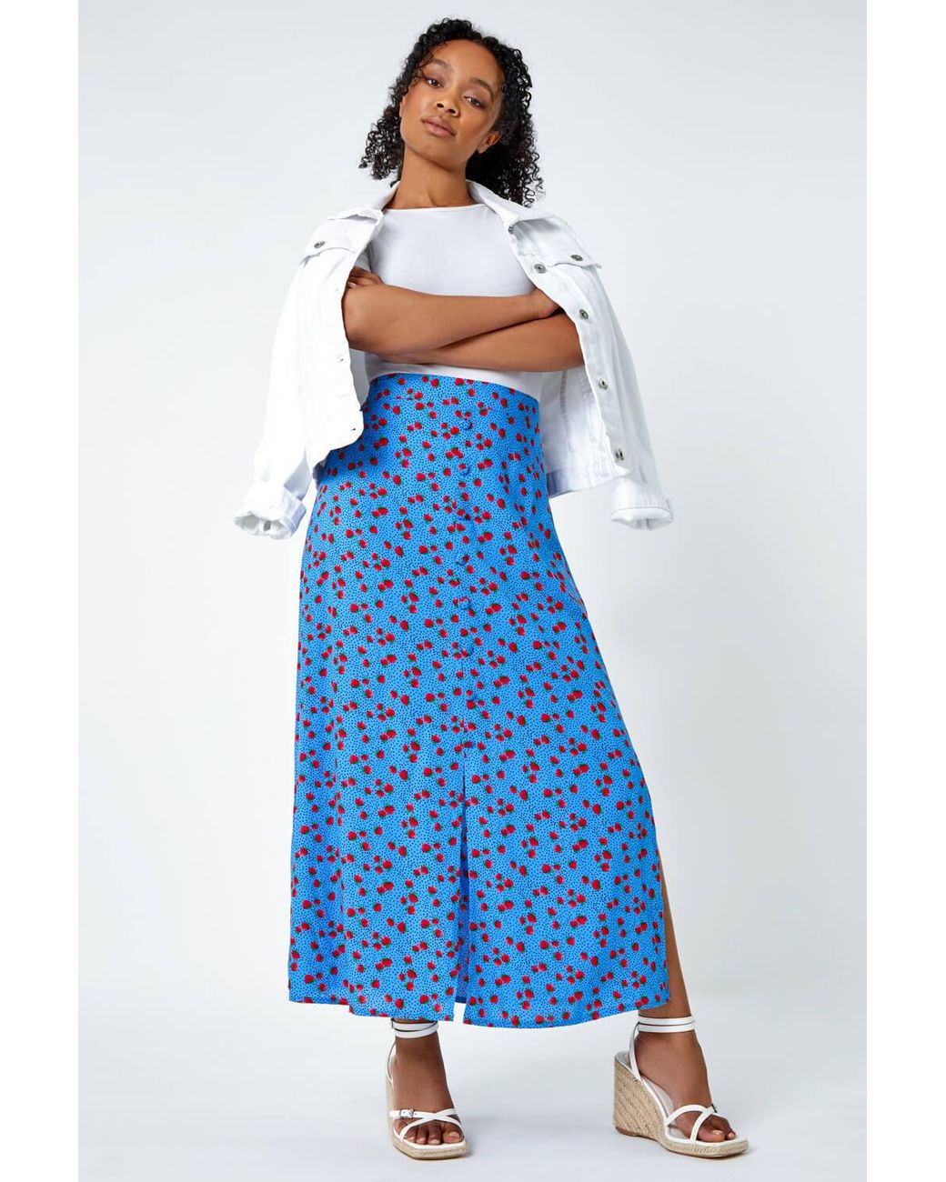 Roman Petite Blue Strawberry Button Elastic Waist Skirt