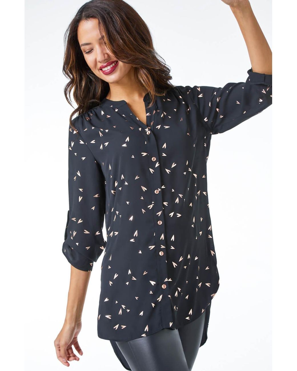 Roman Blue Foil Heart Print Longline Blouse