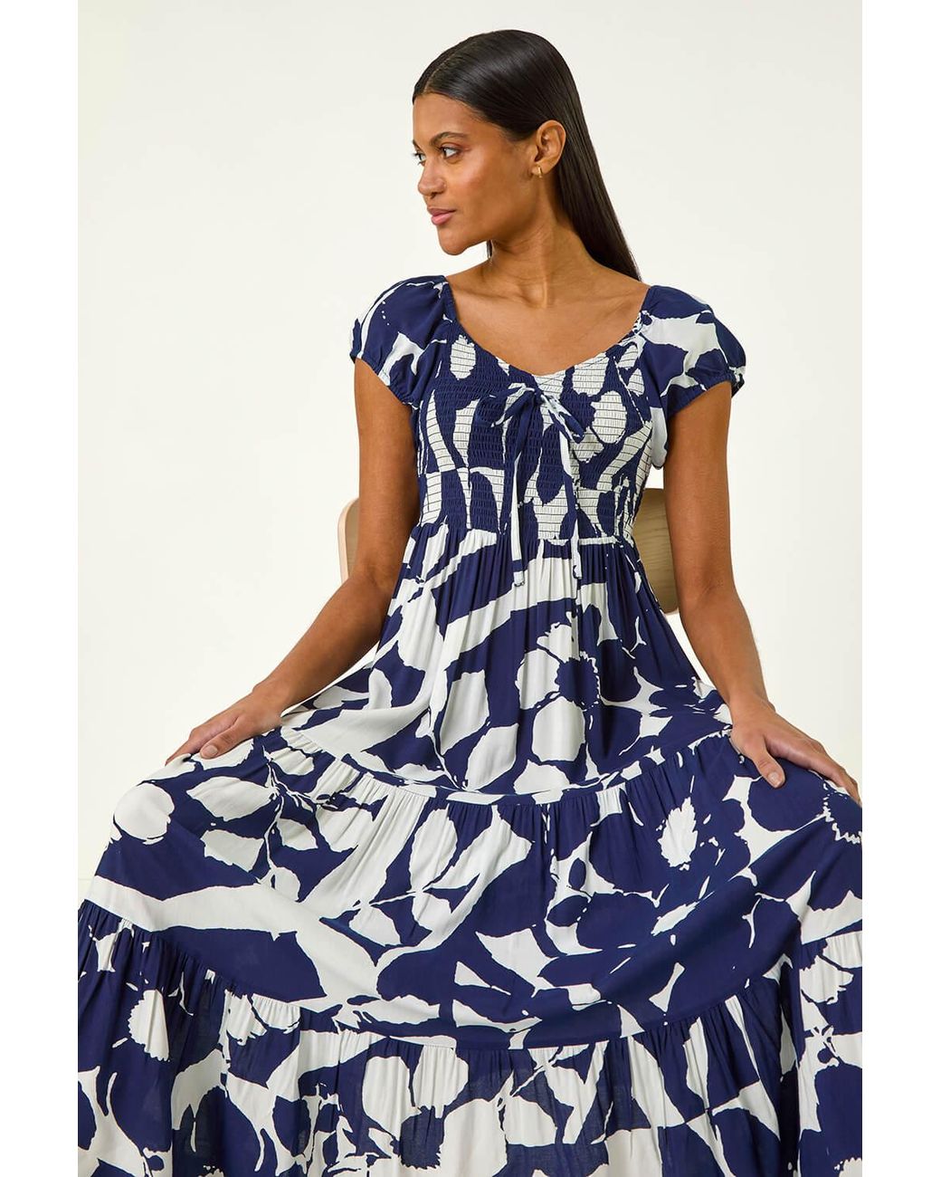 Roman Blue Shadow Floral Tie Tiered Dress