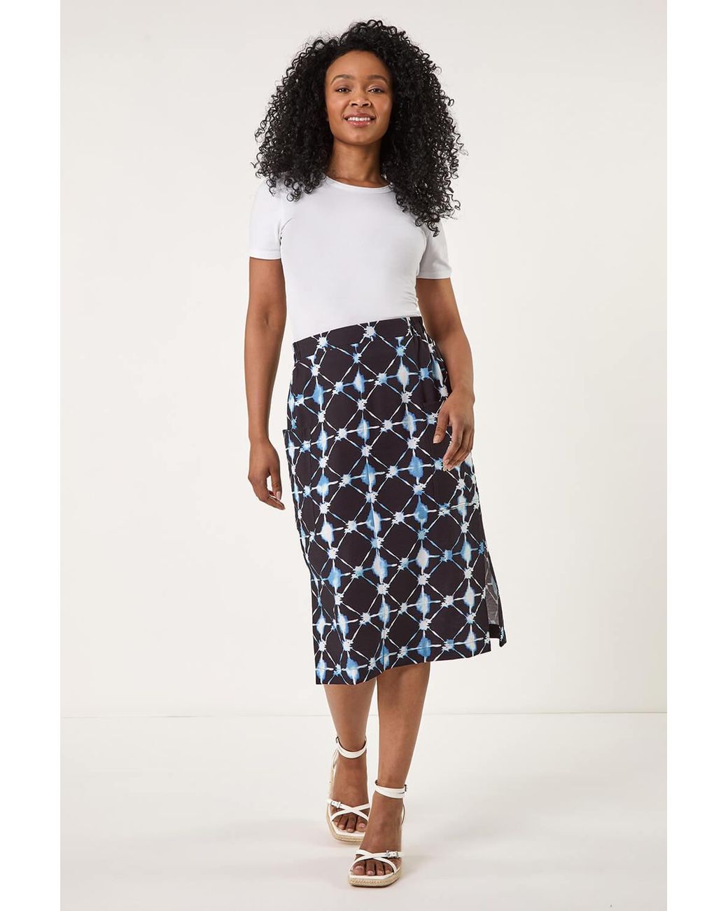 Roman Petite Blue Geometric Midi Skirt