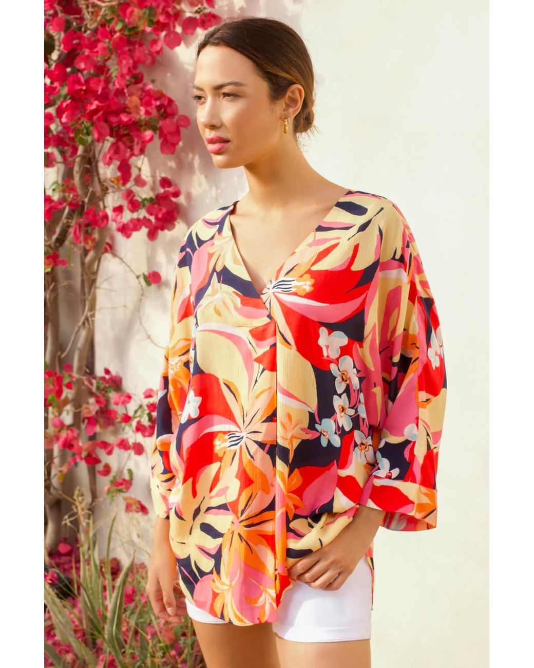 Roman Red Tropical Print Relaxed V-Neck Kimono Top