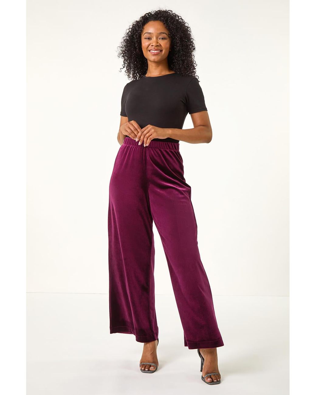 Roman Petite Red Wide Leg Velvet Stretch Trouser