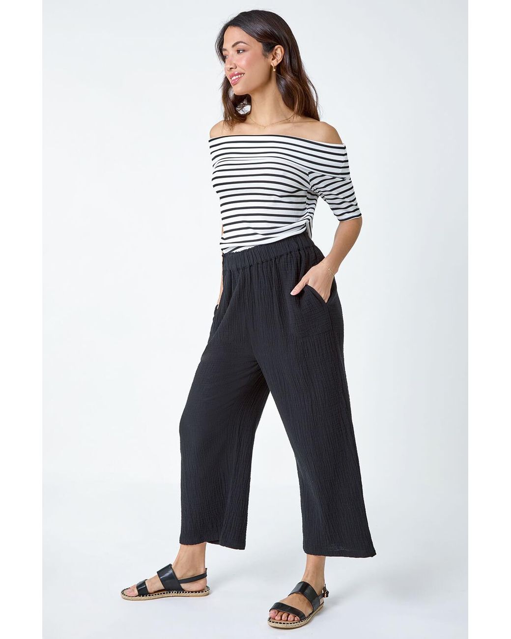 Roman White Textured Cotton Elastic Waist Culotte Trousers