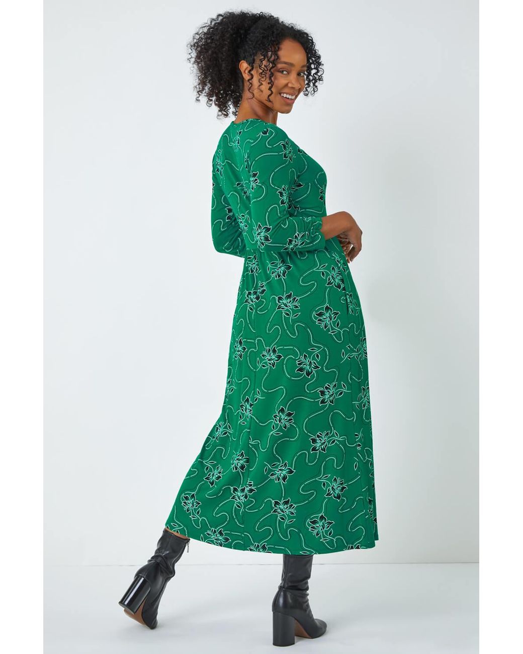 Roman Petite Green Floral Print Stretch Midi Dress