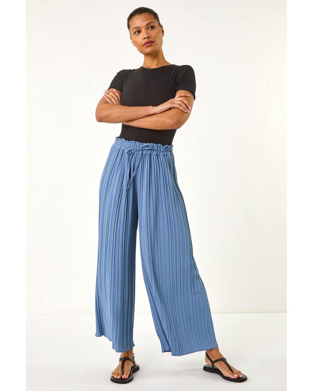 Roman Blue Pleated Wide Leg Stretch Culottes