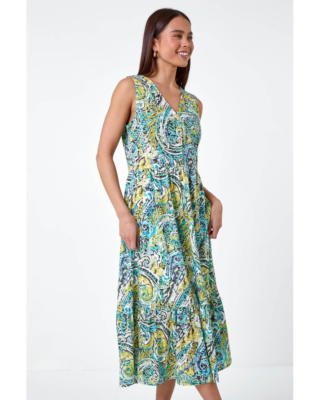 Roman Petite Green Paisley Tiered Midi Dress