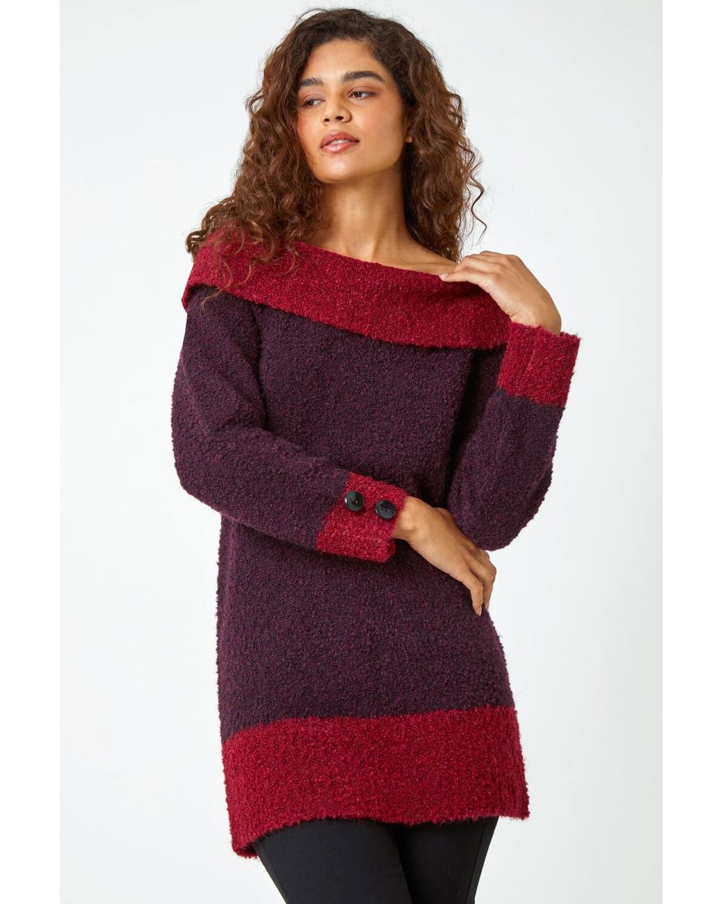 Roman Textured Button Detail Longline Bardot Jumper