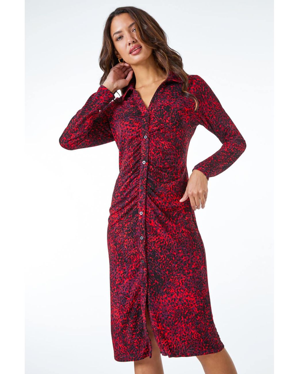 Roman Red Ruched Front Stretch Leopard Print Dress