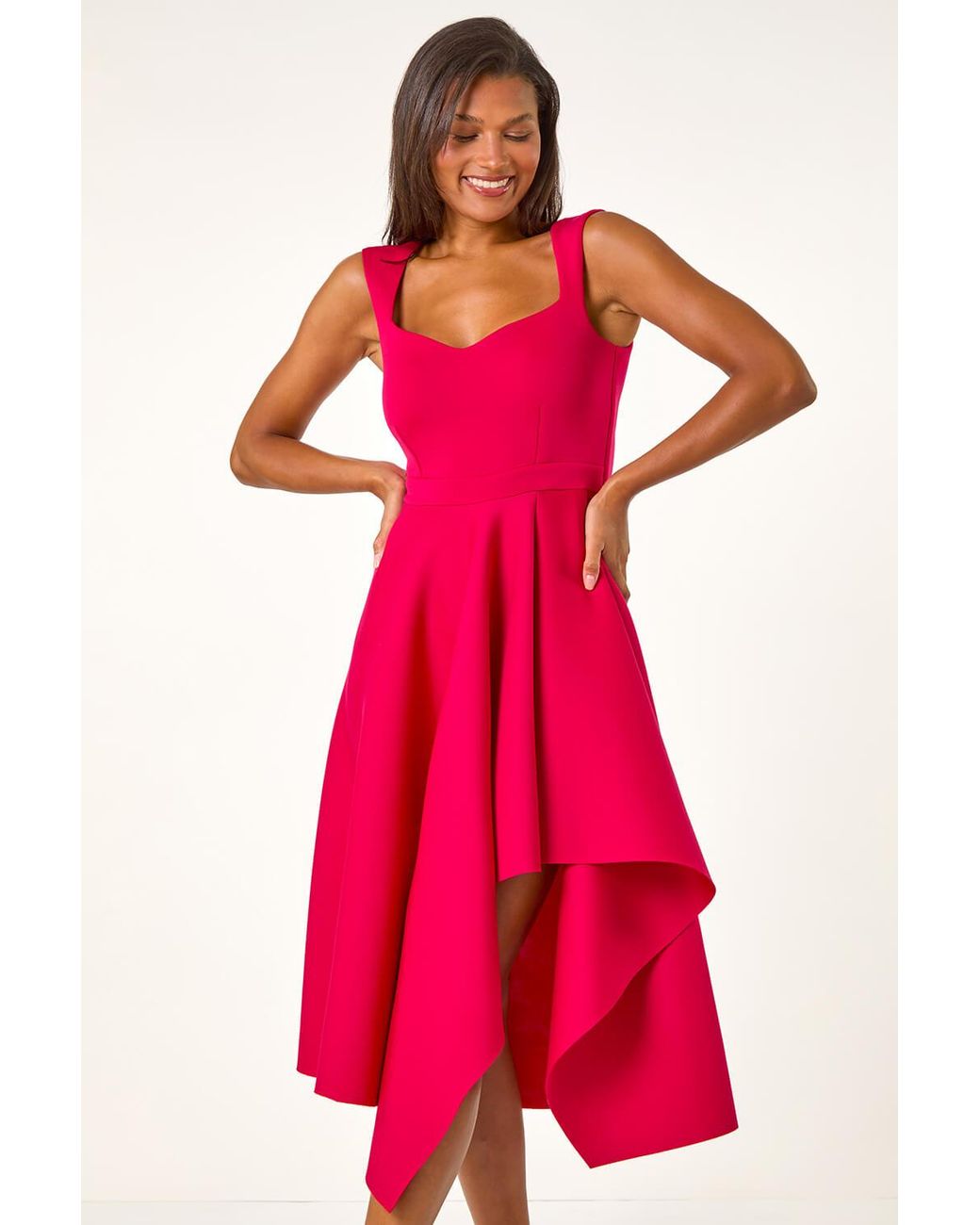 Roman Asymmetric Flared Hem Midi Dress