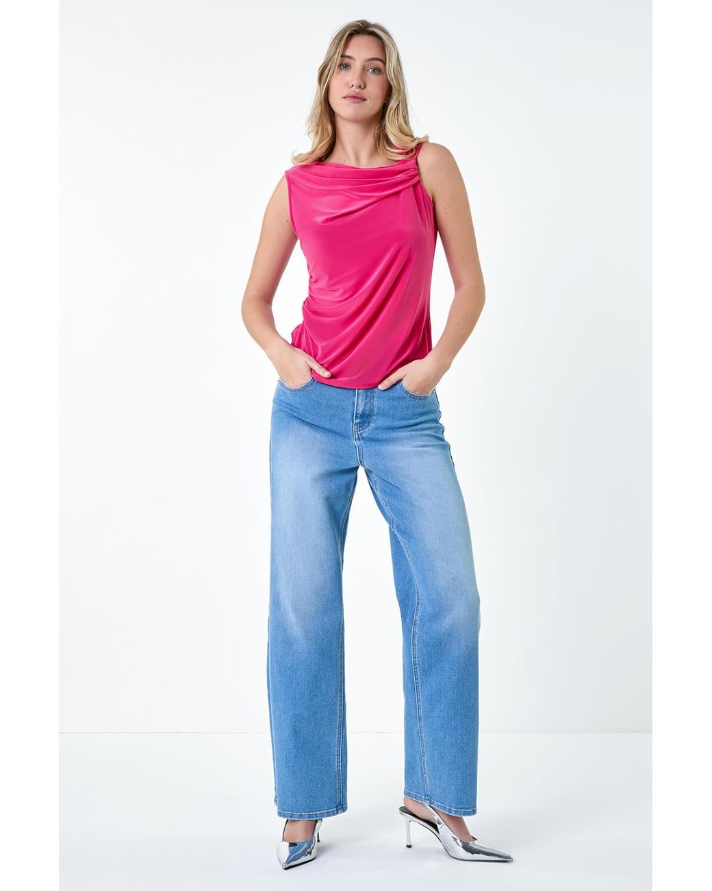 D.u.s.k Pink Ruched Twist Cowl Neck Stretch Top