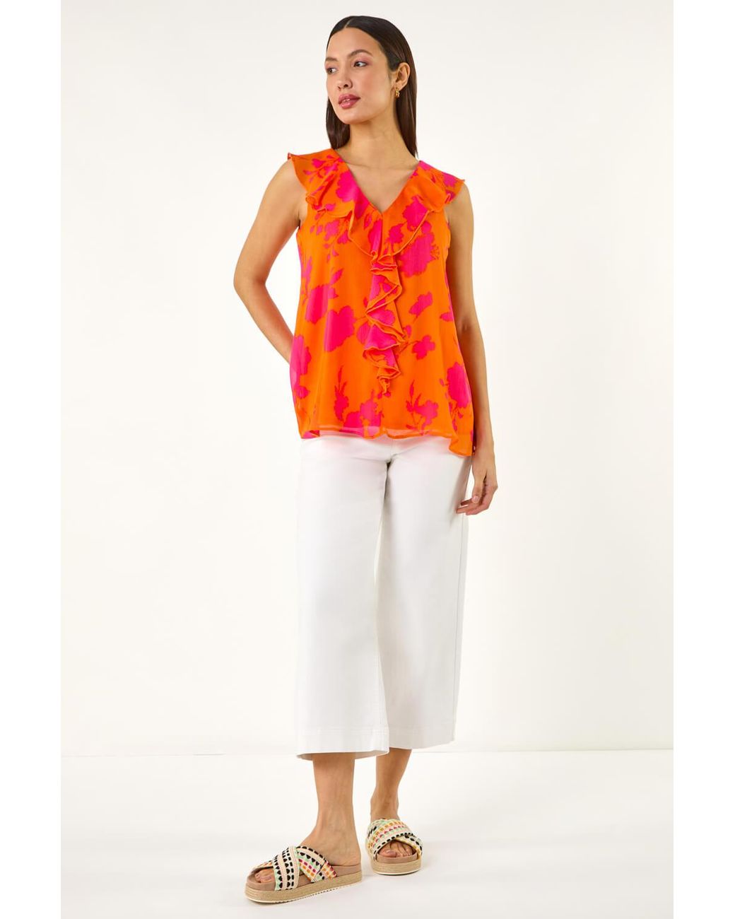Roman Red Tropical Print Ruffle Vest Top