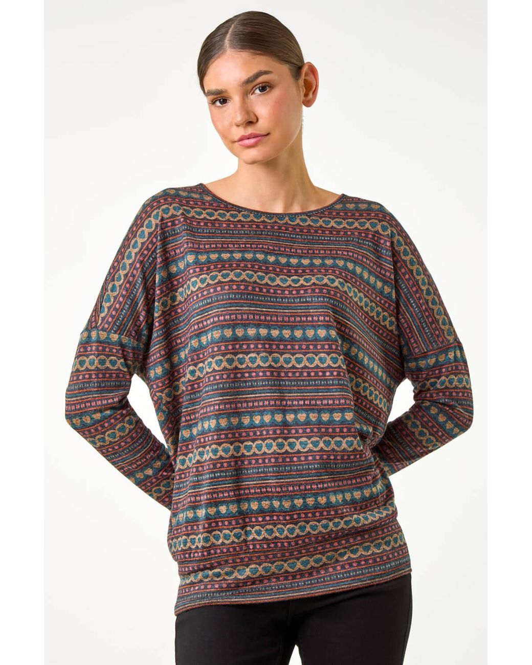 Roman Blue Heart Print Drop Shoulder Stretch Top