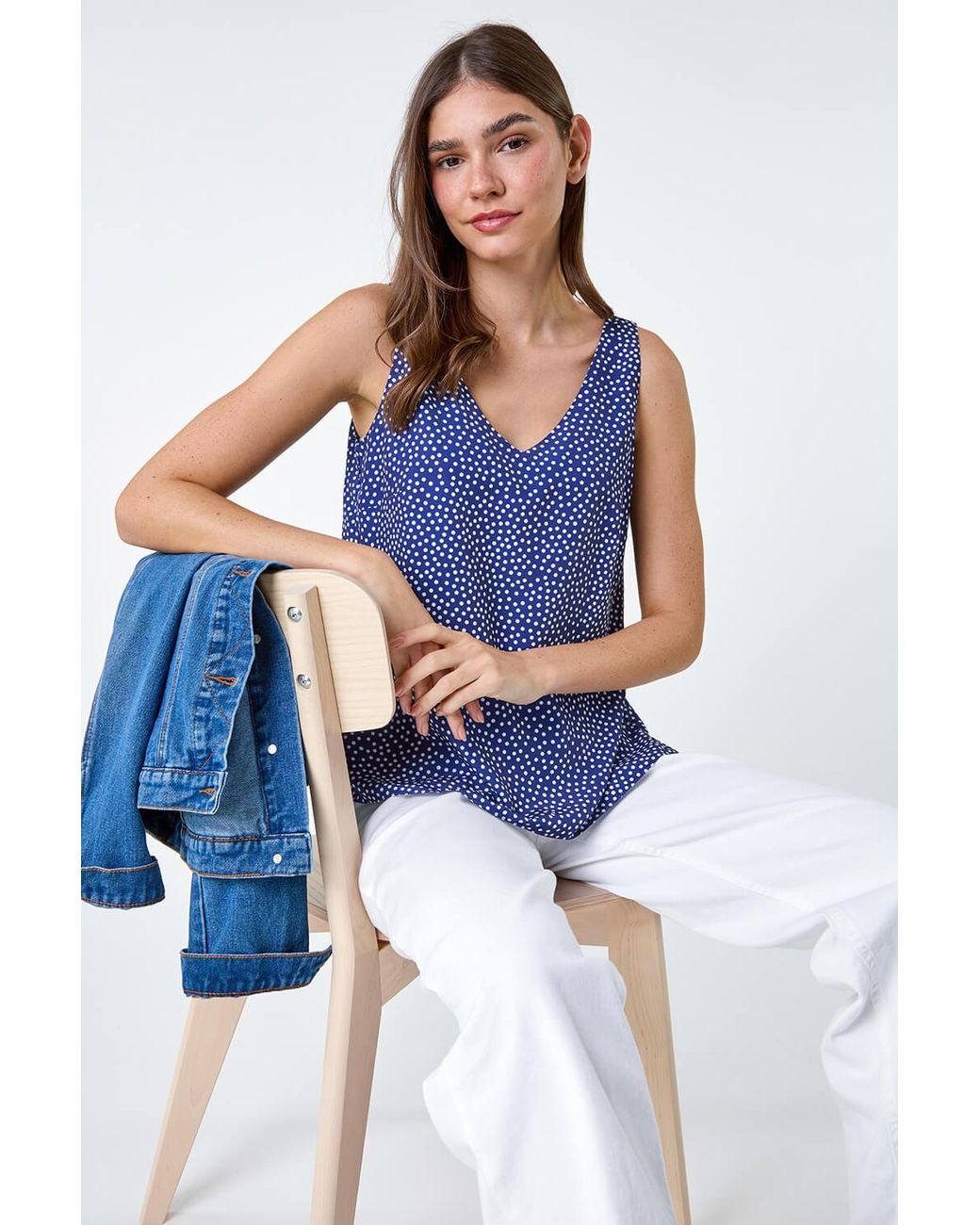 Roman Blue Polka Dot Print V-Neck Cami Top