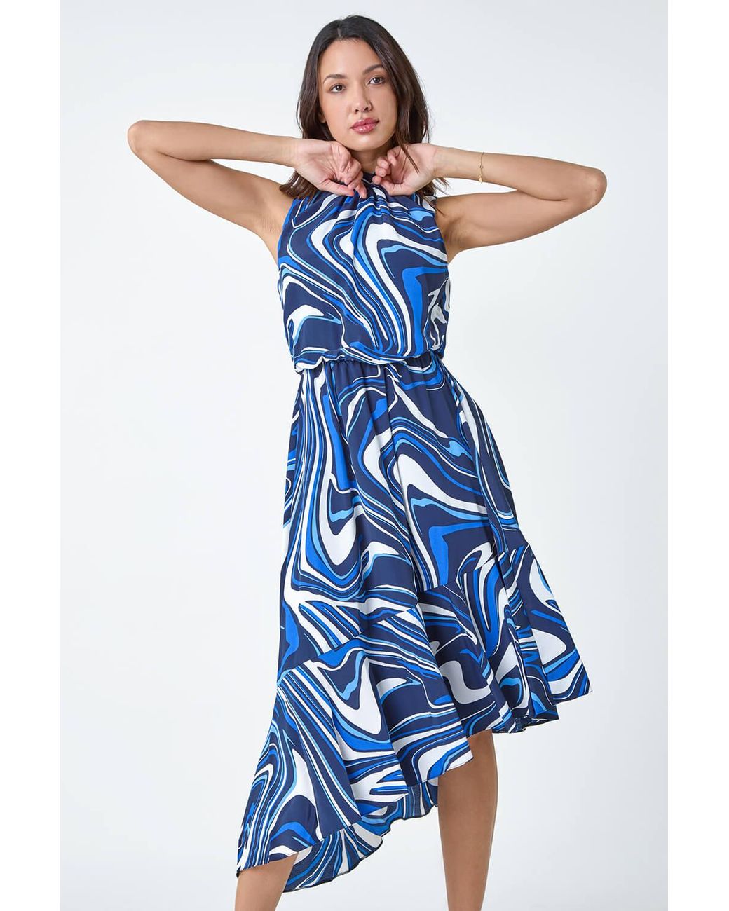 Roman Blue Sleeveless Swirl Print Asymmetric Midi Dress